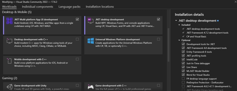 选择 .NET 桌面开发