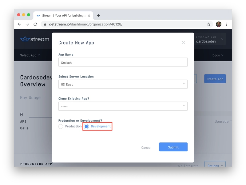 用户在 GetStream.io 创建开发应用程序的屏幕截图