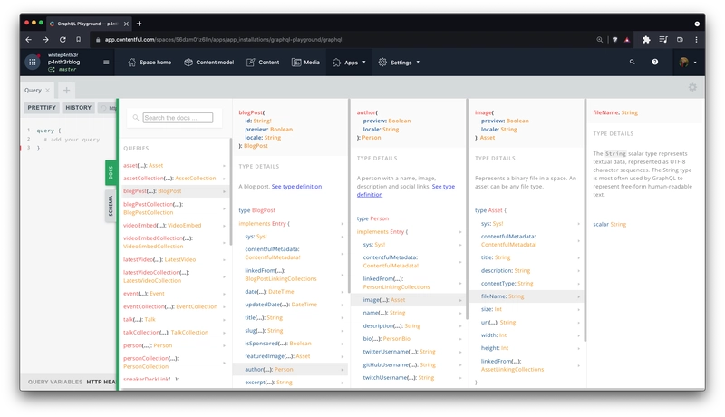 这是 Contentful 中 GraphQL 演练环境的屏幕截图，其中显示了文档选项卡的打开状态，以及 GraphQL 模式中对象或节点之间的连接。在这个特定的示例中，blogPost 节点包含一个 author 节点，该 author 节点包含一个 image 节点，该 image 节点包含一个 String 类型的 fileName。