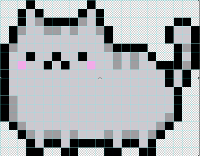 Pusheen 像素艺术带有网格覆盖，可以帮助我们轻松识别像素。