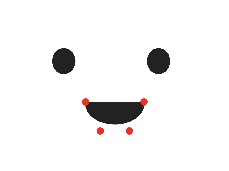 SVG 脸部在嘴巴上方和周围有四个红点，一个在左上方，一个在宽度的 30% 处，一个在下方约 5% 处，一个在宽度的 60% 处，一个在下方约 5% 处，最后一个在右上角