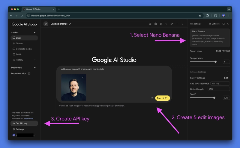 一张 Google AI Studio 界面的图片,显示了模型选择过程,其中已选择 Nano Banana 模型。