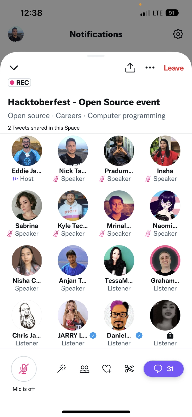 Eddie Jaoude 的 Hacktoberfest Twitter Space 今日 Twitter Spaces UI 参与者名单