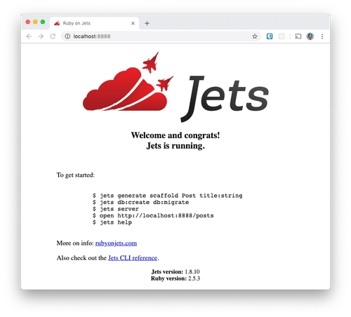 Jets 欢迎页面将在浏览器中打开。