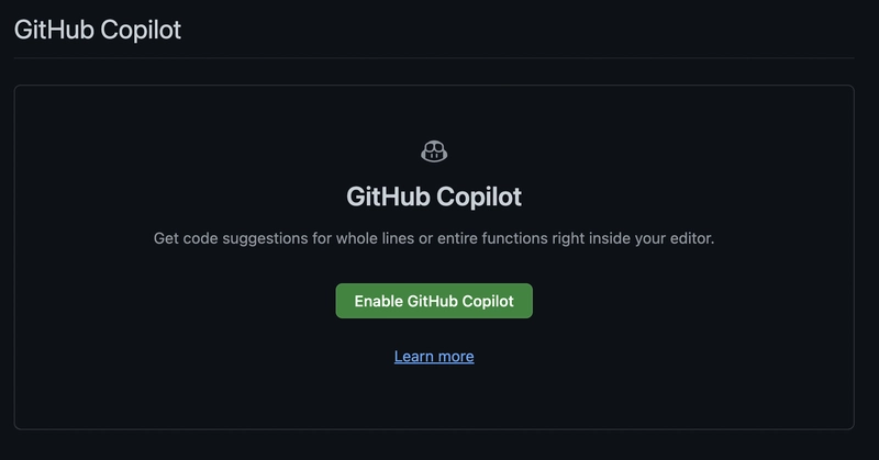 提示开发人员启用带有绿色按钮的 GitHub Copilot 的页面