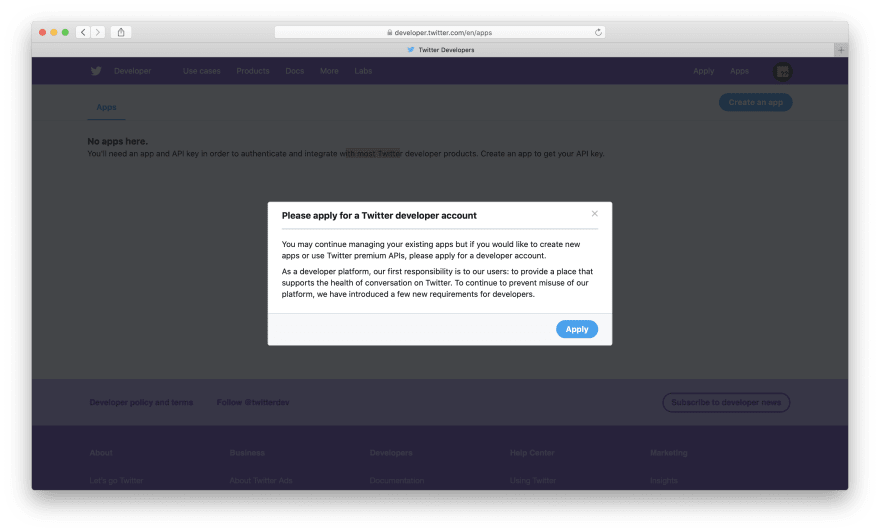 Twitter 开发者网站的屏幕截图，显示了一个障碍