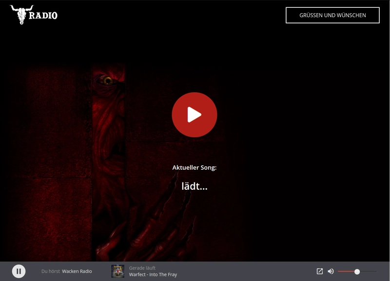 Wacken Radio 播放器。它覆盖整个屏幕,并在屏幕中央有一个很大的播放按钮。底部的灰色栏包含音量、静音和另一个播放/暂停按钮等控制按钮。
