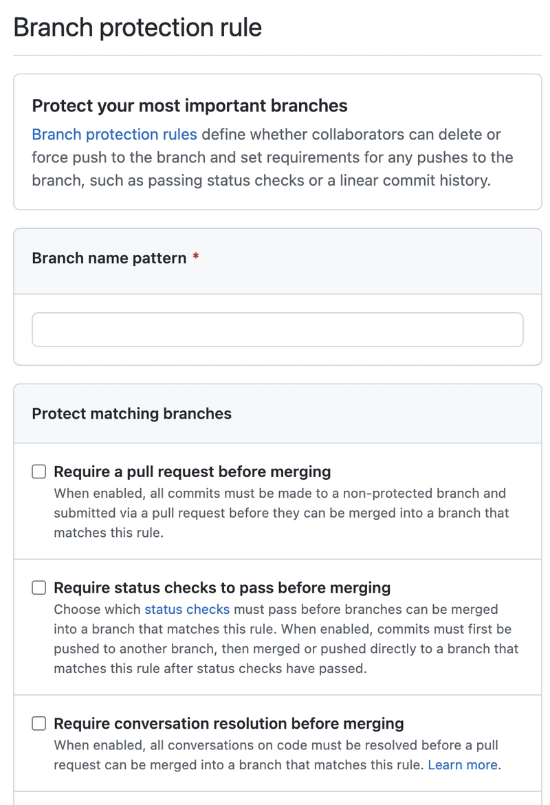GitHub 中分支保护规则部分的屏幕截图。其中有一个用于输入分支名称或名称模式的输入字段，以及给定分支的规则清单。