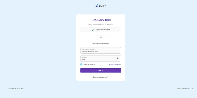 Berry React 控制面板 - 登录界面。