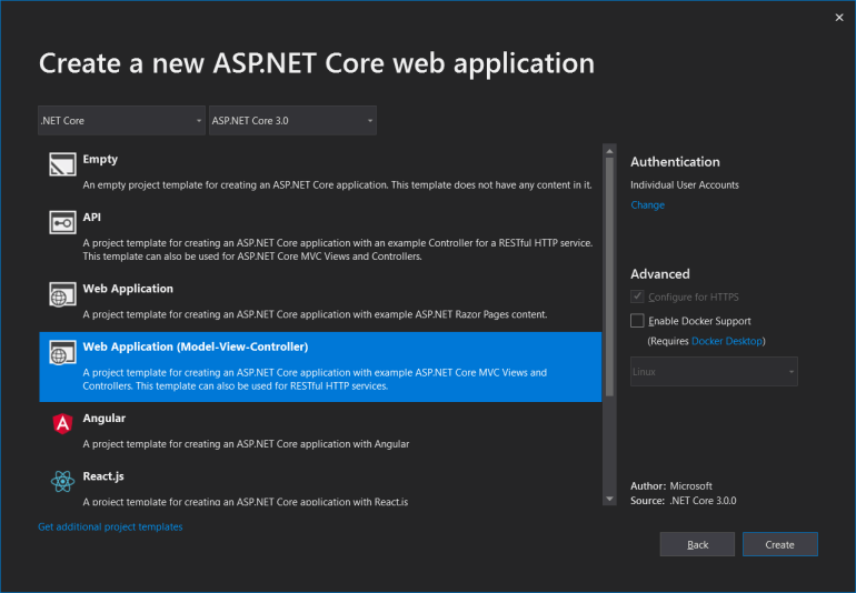 创建新的 ASP.NET Core Web 应用程序对话框，并选择 Web 应用程序（模型-视图-控制器）