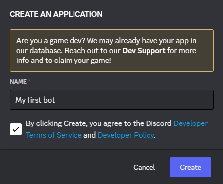 新 Discord 应用程序对话框截图