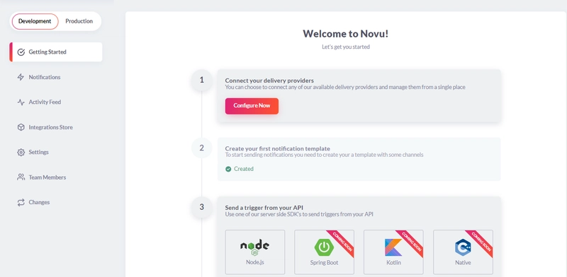 Novu 仪表板页面