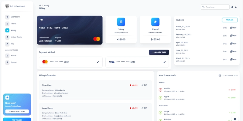 Soft Dashboard React - 开源 React 设计，计费页面。
