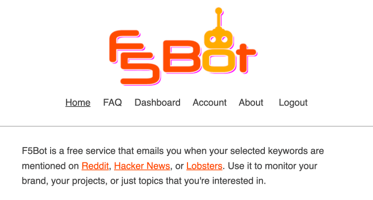f5bot.com 的屏幕截图 - 当您在线被提及时，您会收到一封电子邮件！