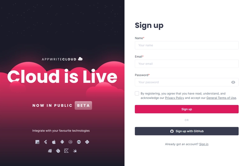 注册 Appwrite Cloud