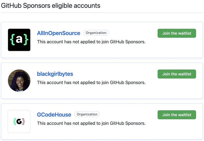 此屏幕截图包含一个标题，上面写着“GitHub 赞助合格帐户”。标题下方显示了三个帐户：一个名为“All In Open Source”的组织、一个名为“blackgirlbytes”的帐户和一个名为“GCode House”的组织。每个帐户都有一个按钮，上面写着：