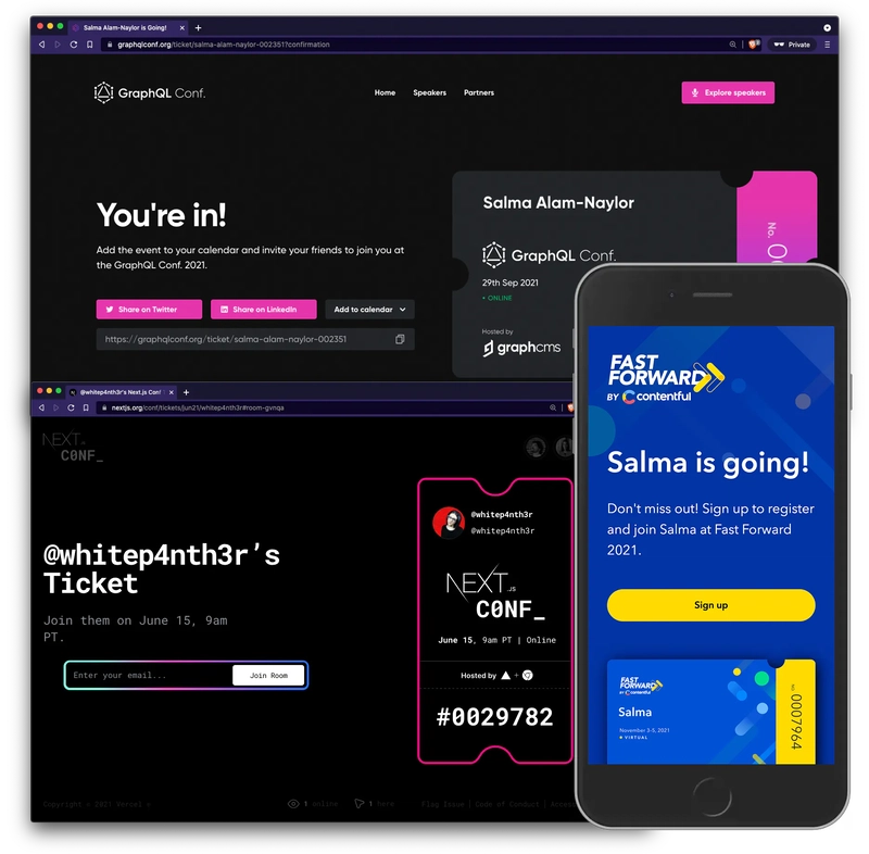 GraphQL Conf、Nextjs Conf 和 Fast Forward Conf 社交分享活动门票的拼贴图,涵盖桌面和移动端的各种视图。