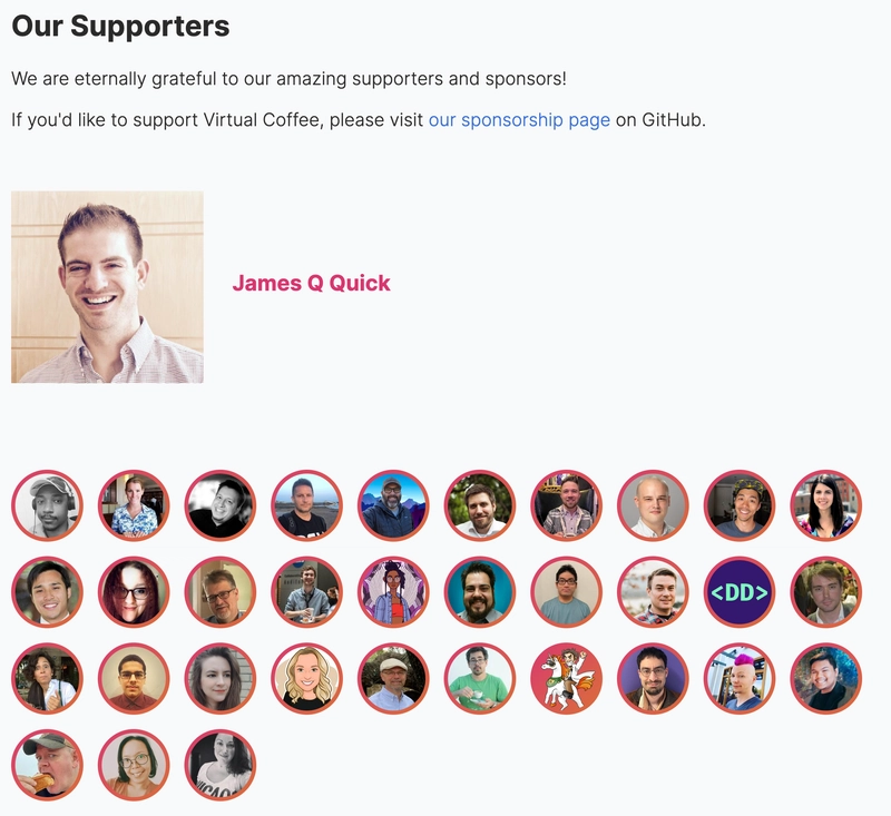 这张图片是 Virtual Coffee 的截图，其中显示了赞助她项目的人员列表。