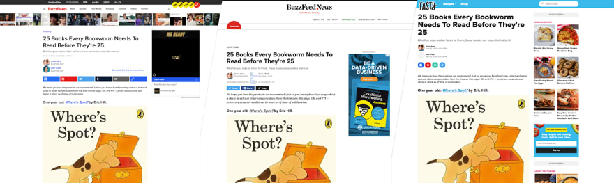 相同的内容在三个不同的 BuzzFeed 目的地呈现。