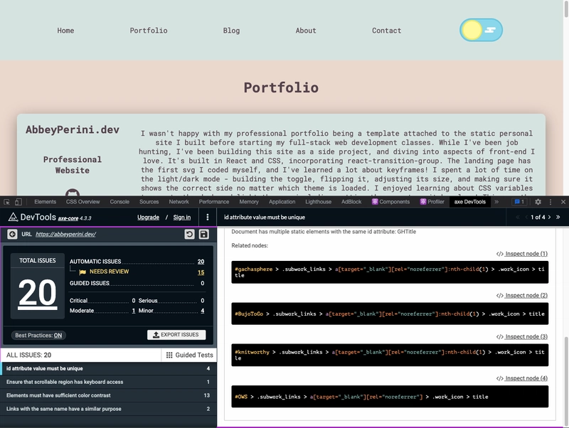 abbeyperini.dev 主页在 Light 模式下的屏幕截图，其中 axe DevTools 打开