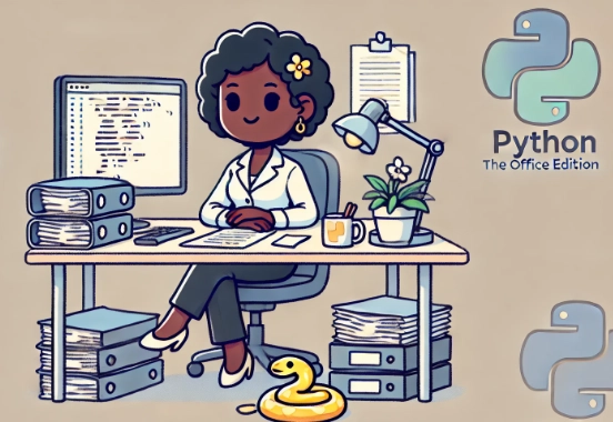 插画将 Python 描绘成一位黑人女性，在整洁有序的办公室里，她是一位冷静高效的分析师。她正井然有序地在干净的办公桌上整理文件，周围摆满了文件，还有一台显示着结构化代码的电脑。她的形象专业，体现了她在软件开发领域逻辑清晰、条理清晰的问题解决者的角色。
