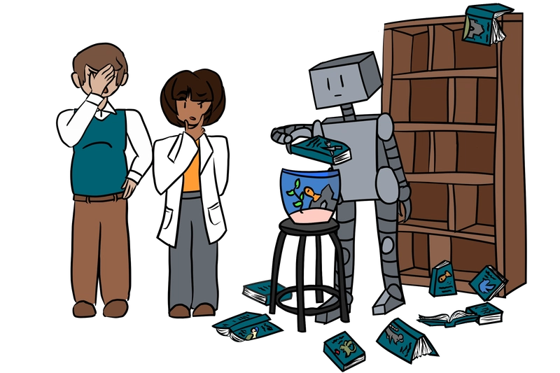 一个处于训练阶段的人工智能模型仍在学习中。一个机器人正准备将一本书扔进鱼缸，鱼缸里的书籍散落在地板上和它身后的书架上。一位平台工程师捂着脸，而一位数据科学家则担忧地看着。