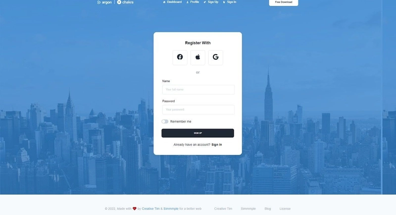Argon Dashboard Chakra - 登录页面