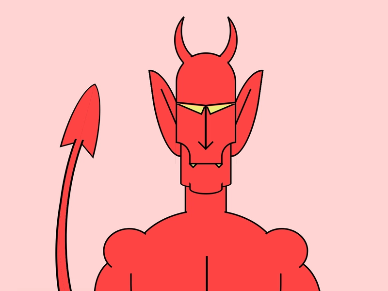 卡通画描绘了一个红色恶魔的上半身,他有角、三角形的眼睛、强壮的肌肉和一条尾巴。