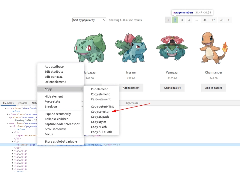 从 DevTools 复制选择器