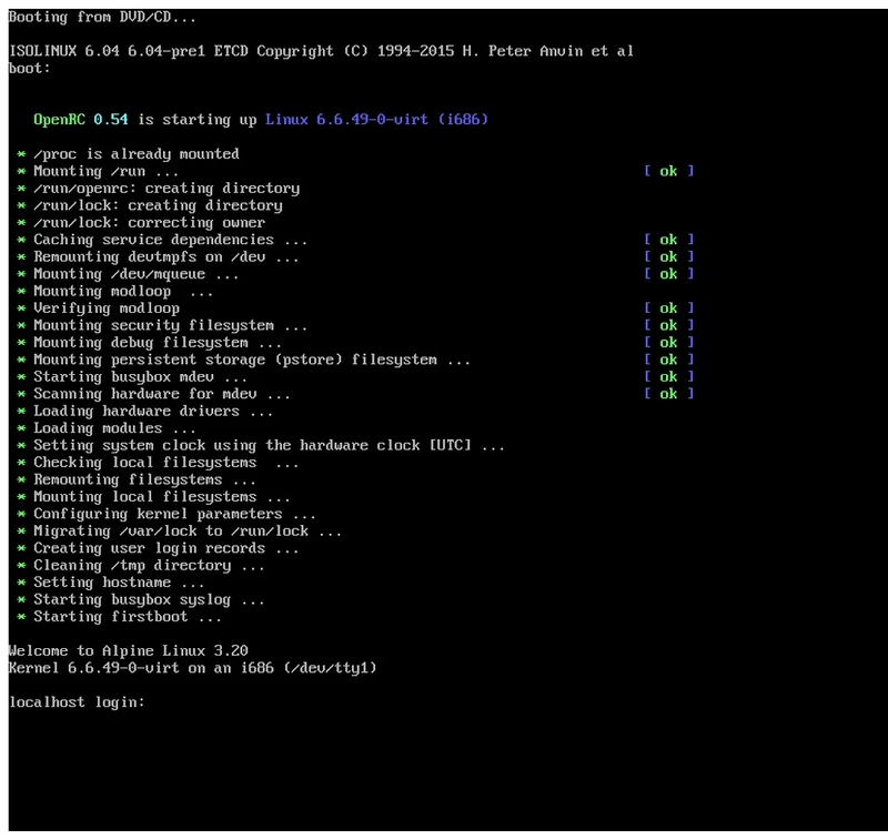 在浏览器中运行的 Alpine Linux 3.20 的登录提示