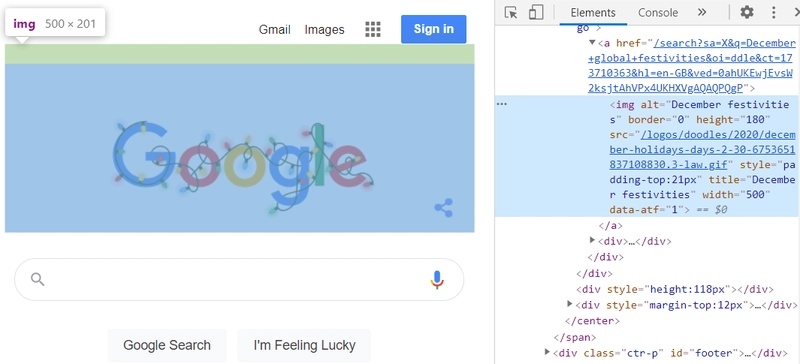 在 Chrome devtools Elements 选项卡中检查 Google 徽标 img 元素