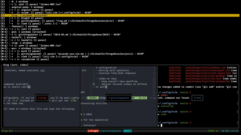 tmux 会话选择窗口显示许多可跳转到的会话、窗口和窗格。