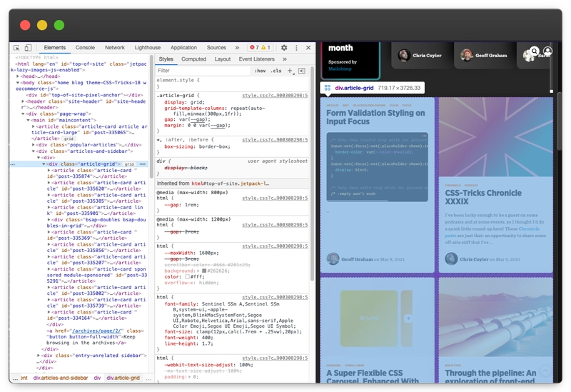 DevTools Grid 和 Flex 检查器的屏幕截图。