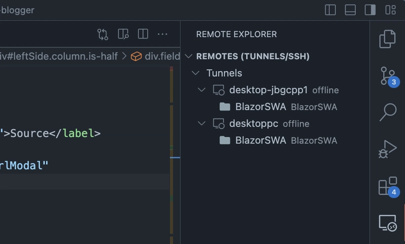 VS Code 中远程隧道资源管理器的屏幕截图