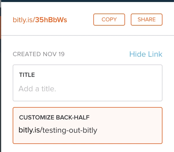 bit.ly 界面显示自定义后半部分字段，其中 URL 类型为“testing-out-bitly”。