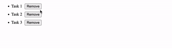 展示代码错误的 Gif。当用户点击某个任务的移除按钮时，该任务会在用户同意之前被立即移除。