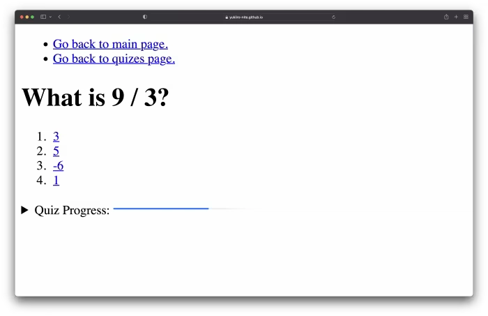 这是纯 HTML 测验的屏幕截图，询问 9 除以 3 等于多少。