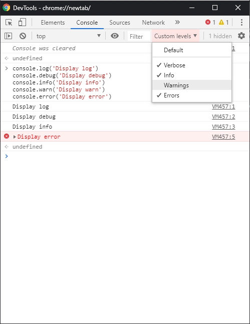 Alt Chrome：带有日志过滤器的控制台示例