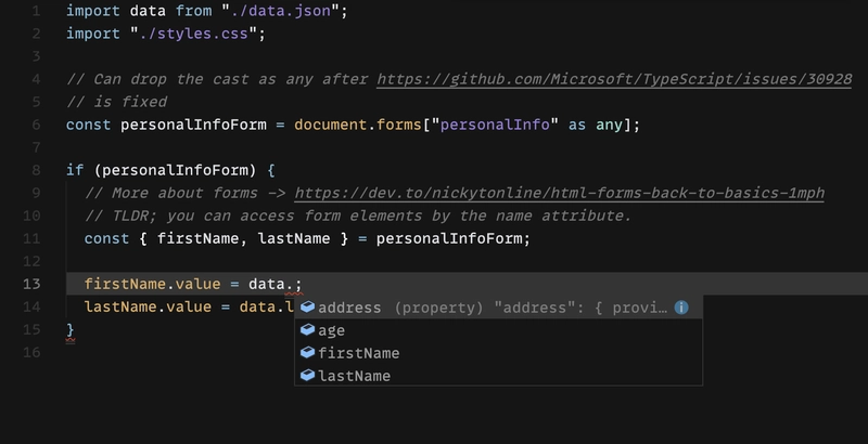 VS Code 中的数据变量使用数据对象的属性显示自动完成功能