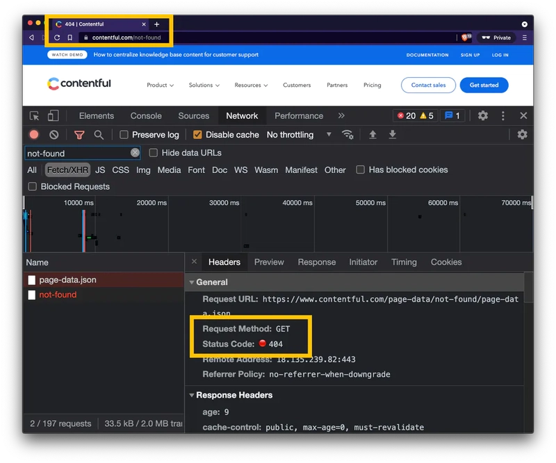 这是 Contentful 404 页面的浏览器窗口截图。网络选项卡已打开，黄色矩形突出显示了 HTTP 响应状态代码 404。