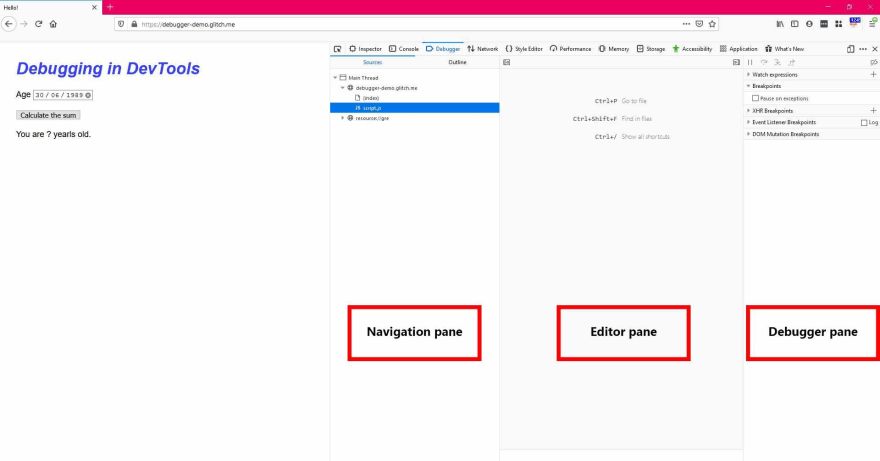Firefox DevTools 调试器选项卡