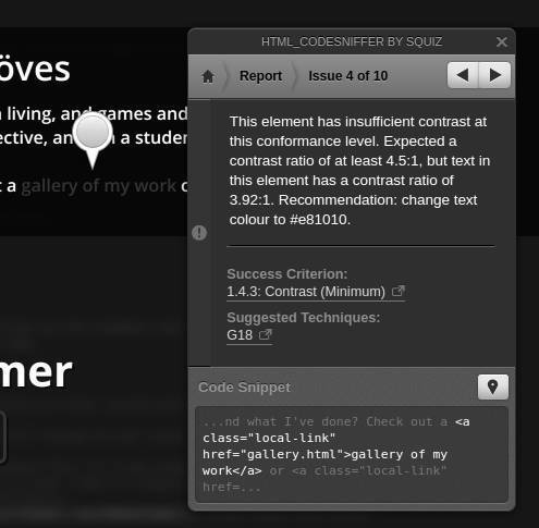 HTML_CodeSniffer 错误显示对比度失败，带有灰度滤镜