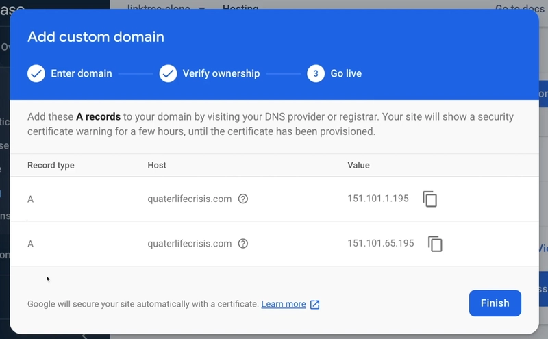 Firebase Hosting 域名的成功对话框