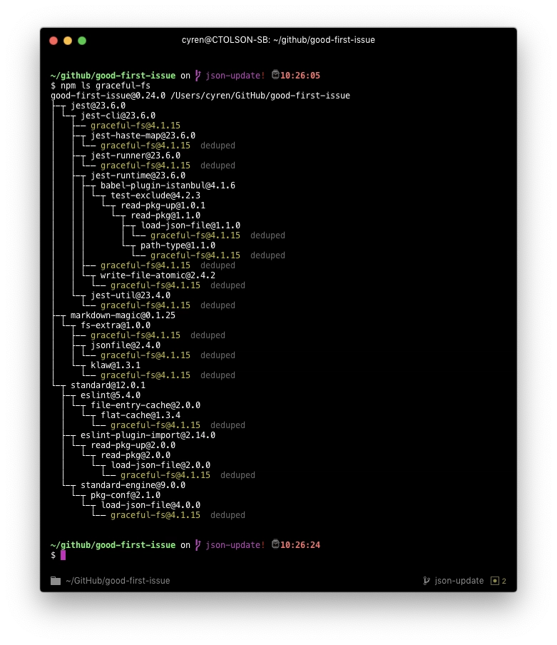 我的 good-first-issue 项目中原始 `npm ls graceful-fs` endraw 的终端输出。展示此示例的目的是提供一个示例，说明在实际项目中，原始 `npm ls <package>` endraw 命令可以预期什么样的输出。