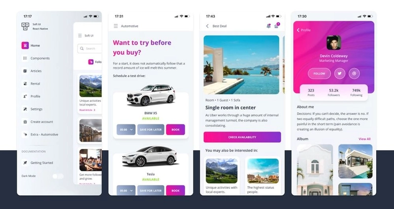 Soft UI React Native - 示例屏幕