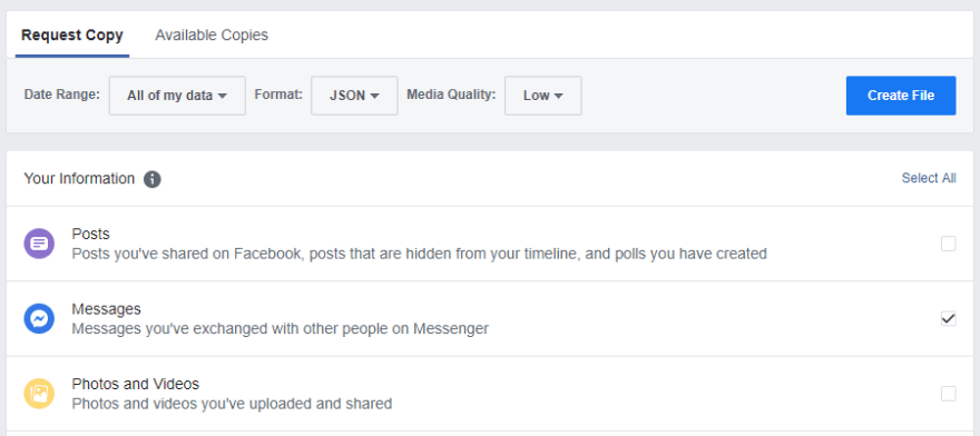Facebook数据下载页面