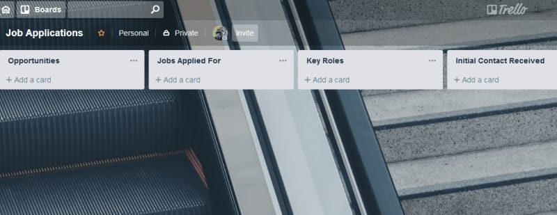 Trello 中求职板的屏幕截图