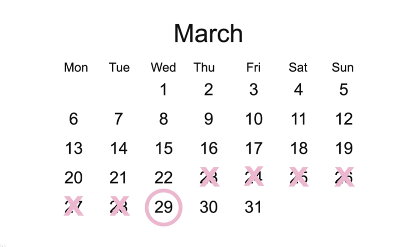 带圆圈的 3 月 29 日星期三的日历