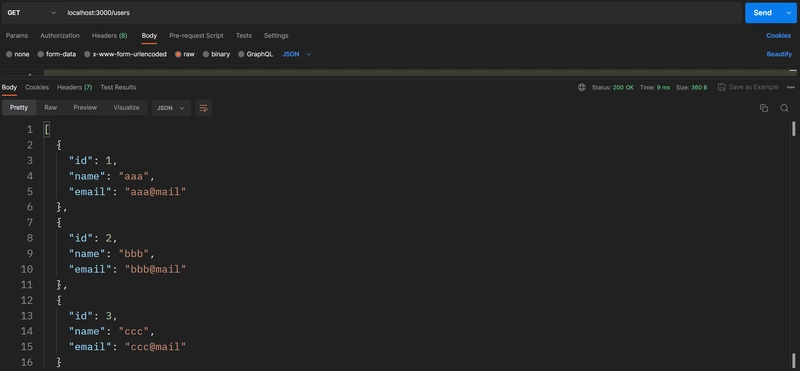 Postman 获取对 localhost:3000/users 的请求