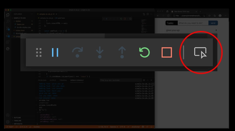 Visual Studio Code 调试栏中的检查按钮